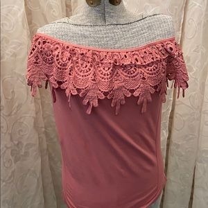 Soho Lady off shoulder top pink lace trim